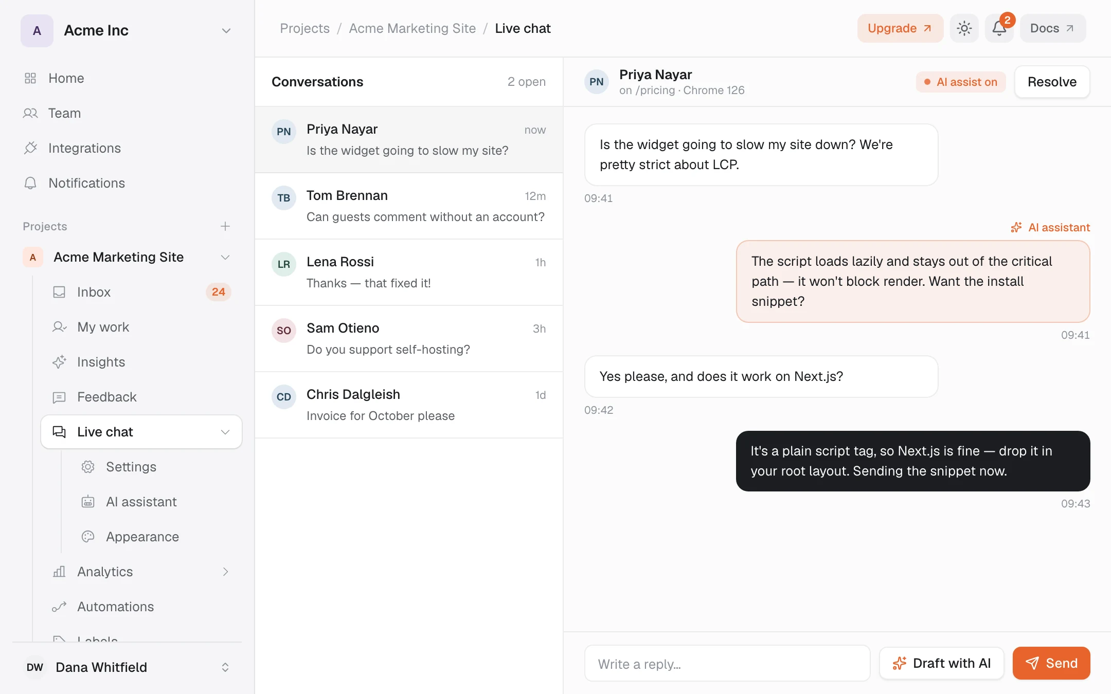 The Annot8 live chat inbox, with a visitor conversation open and an AI assistant reply suggested alongside the team's own messages.