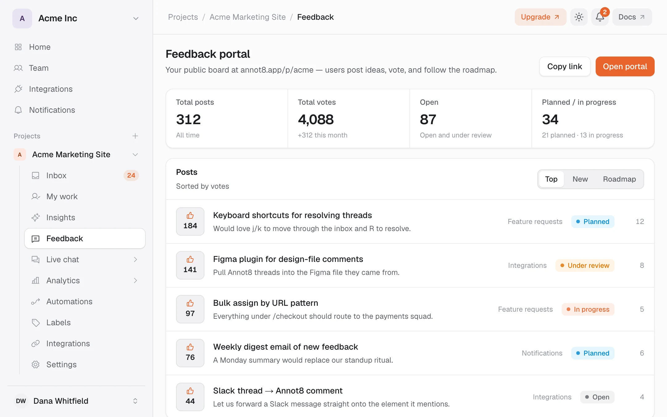 The Annot8 feedback portal showing public posts ranked by upvotes, each tagged with a board and a roadmap status such as planned, under review, or in progress.