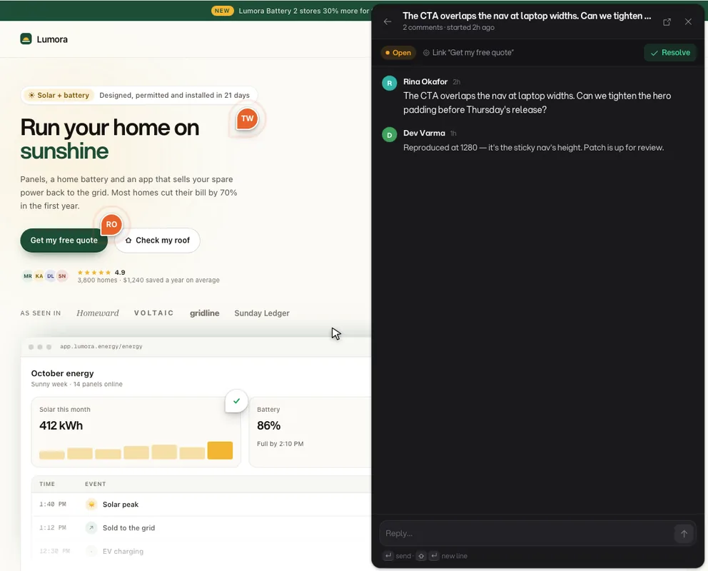 Annot8 widget demo showing a reply, resolved feedback, pinned comments, activity, and theme settings.